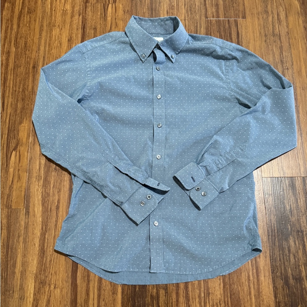 Lucky Brand Slim Fit Dot Cotton Blend Button-Up Shirt M Blue Gray